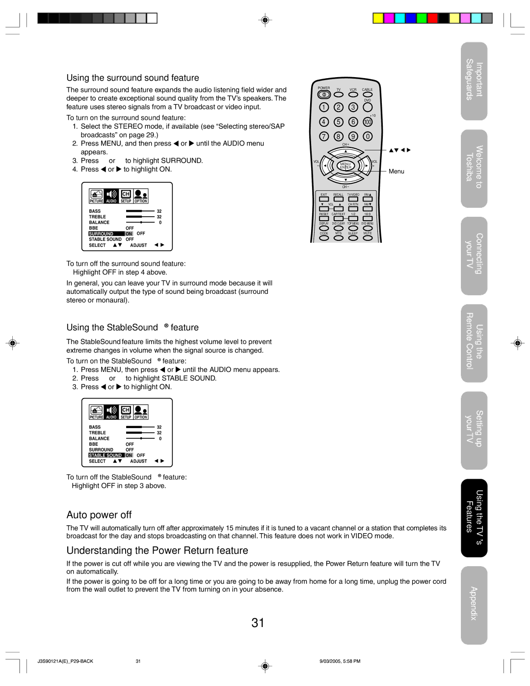 Toshiba 32AF45 appendix Auto power off, Understanding the Power Return feature, Using the surround sound feature 