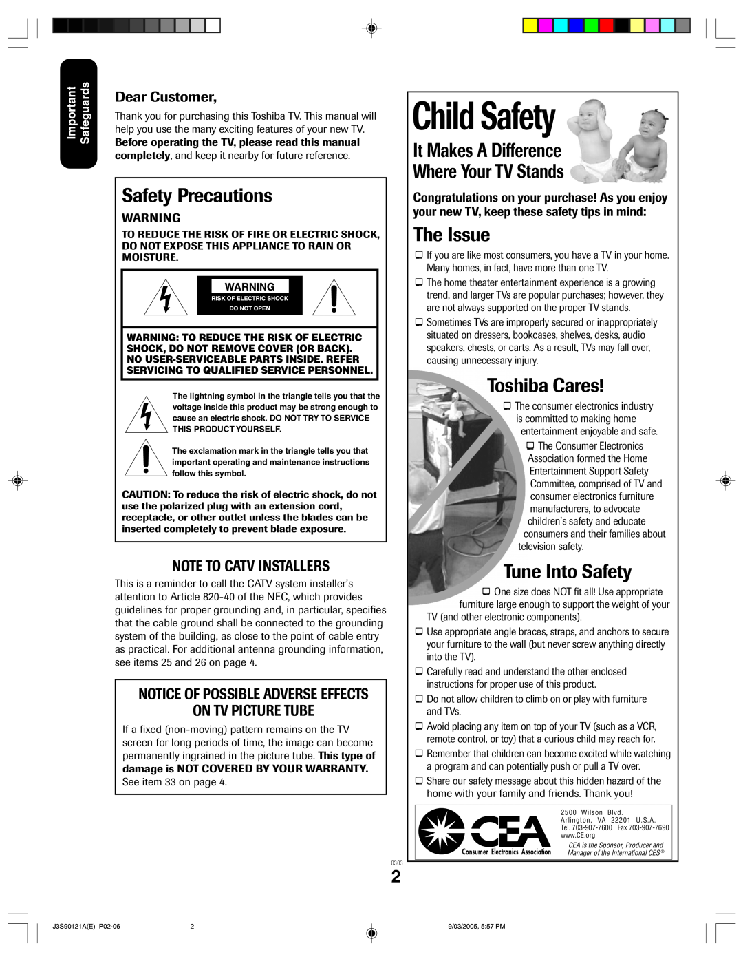 Toshiba 32AF45 Safety Precautions, It Makes A Difference Where Your TV Stands, The Issue, Toshiba Cares, Tune Into Safety 
