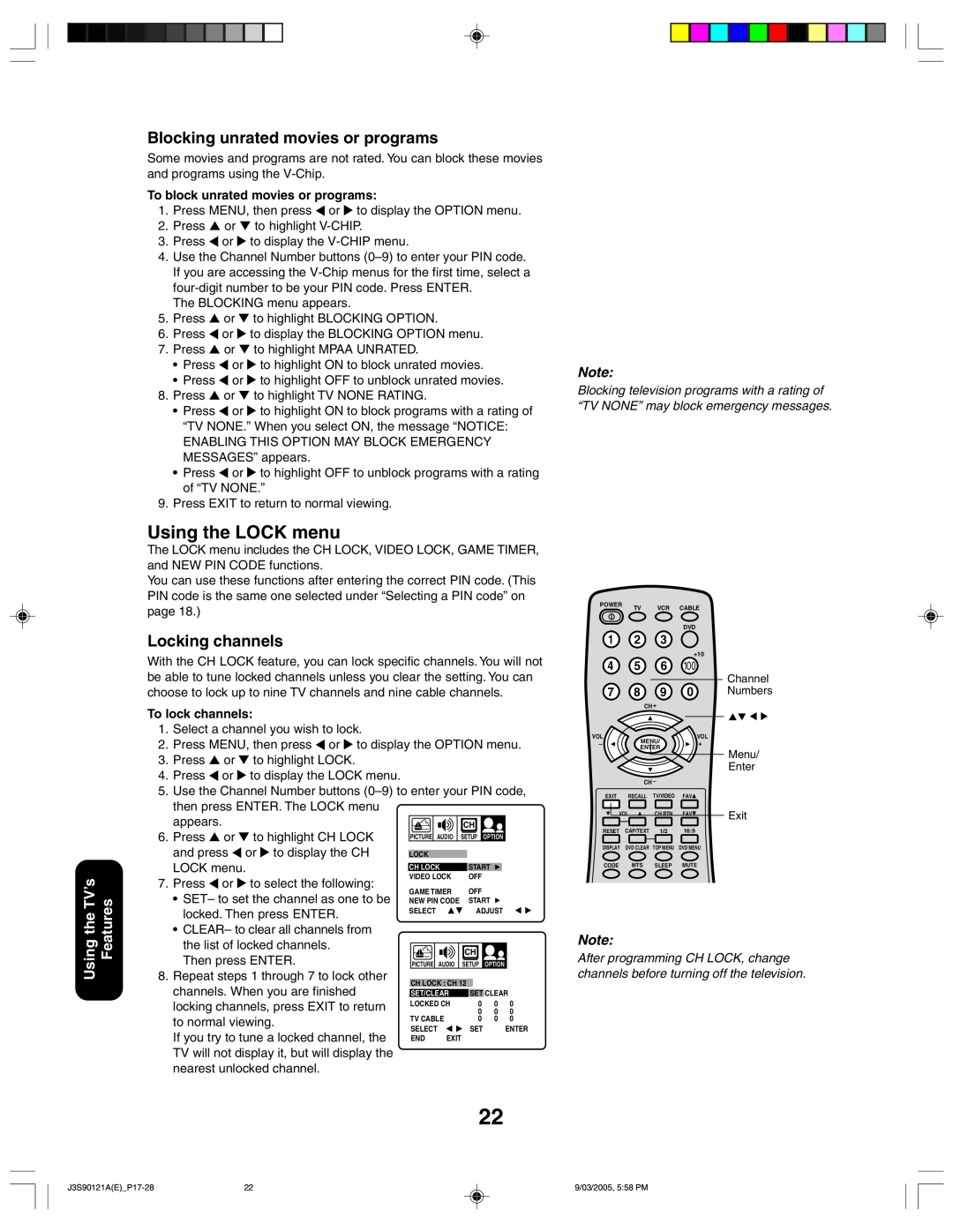 Toshiba 32AF45 appendix Using the LOCK menu, Blocking unrated movies or programs, Locking channels, Using the TV’s Features 