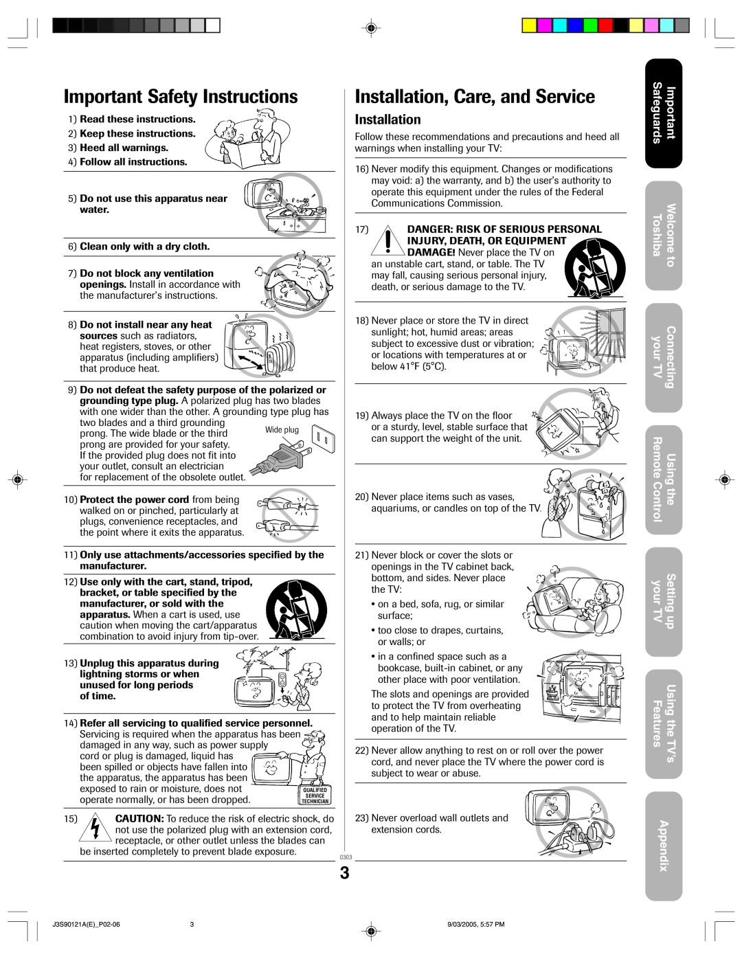 Toshiba 32AF45 appendix Important Safety Instructions, Installation, Care, and Service, your TVSetting up, Appendix 
