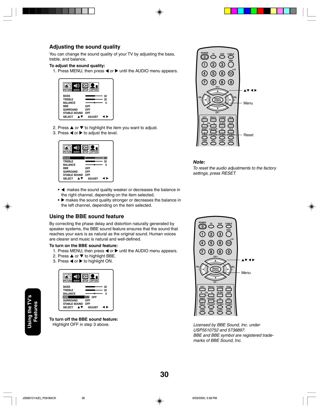 Toshiba 32AF45 appendix Adjusting the sound quality, Using the BBE sound feature, Using the TV’s Features 