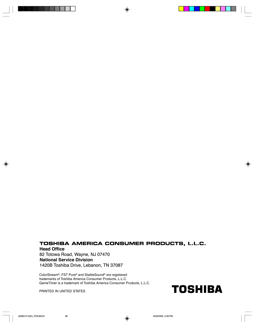 Toshiba 32AF45 appendix National Service Division, GameTimer is a trademark of Toshiba America Consumer Products, L.L.C 