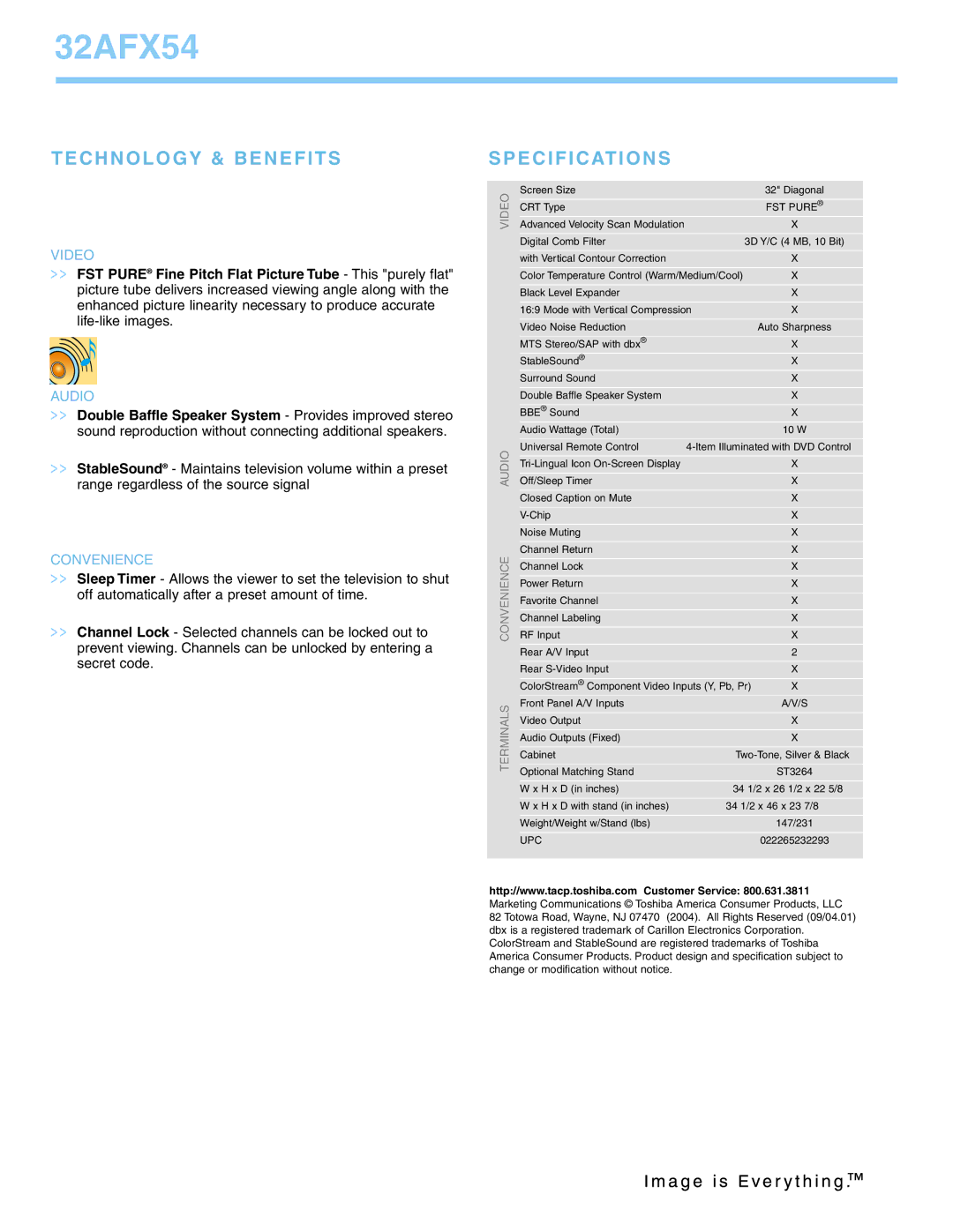 Toshiba 32AFX54 manual Technology & Benefits, Specifications, Video, Audio 
