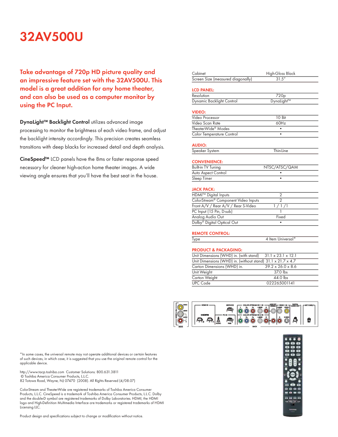 Toshiba 32AV500U manual LCD Panel, Video, Audio, Convenience, Jack Pack, Remote Control, Product & Packaging 