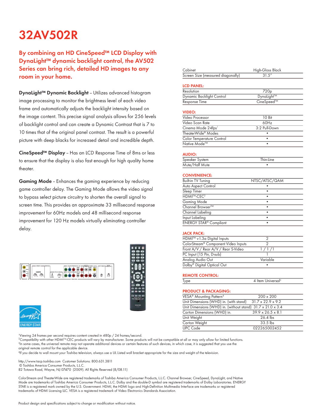 Toshiba 32AV502R manual LCD Panel, Video, Audio, Convenience, Jack Pack, Remote Control, Product & Packaging 