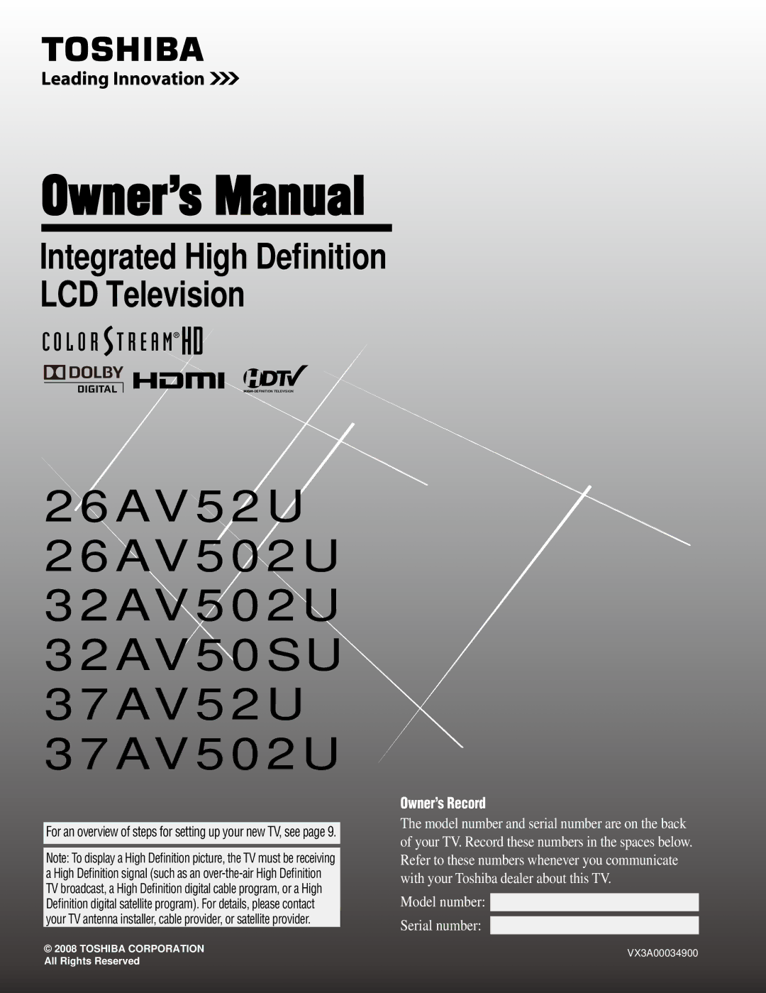 Toshiba owner manual 26AV52U 26AV502U 32AV502U 32AV50SU 37AV52U 37AV502U 