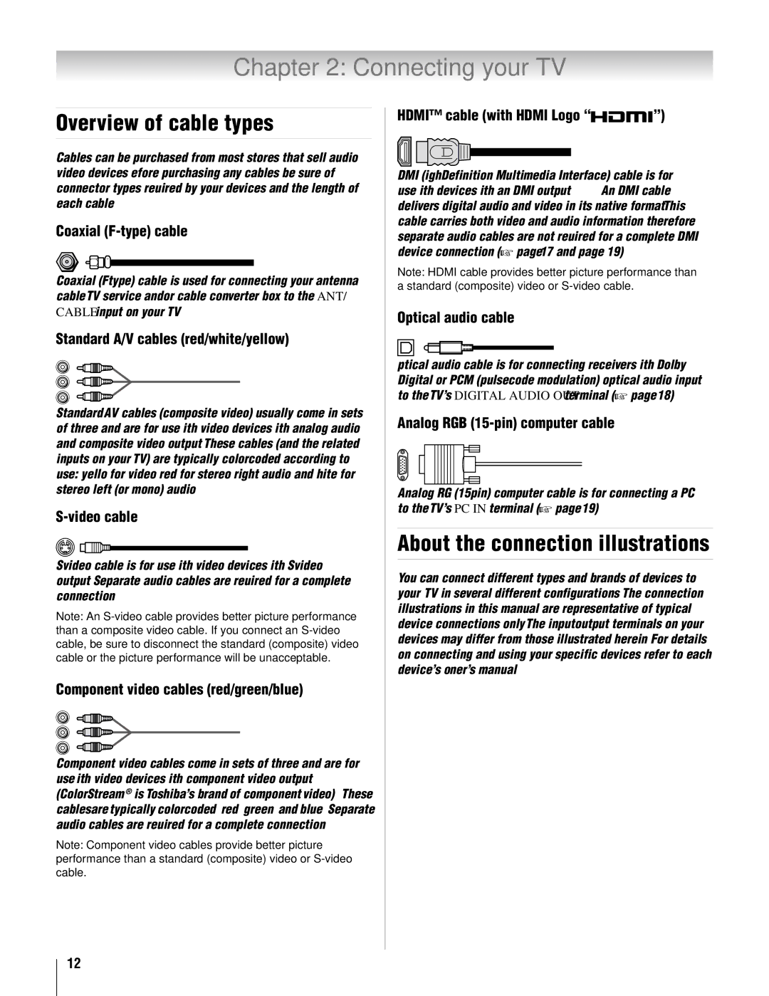 Toshiba 32AV502U, 32AV50SU, 37AV52U, 26AV52U Connecting your TV, Overview of cable types, About the connection illustrations 