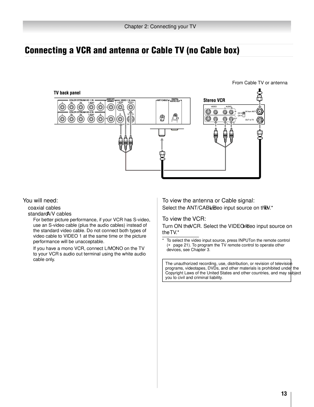 Toshiba 32AV50SU Connecting a VCR and antenna or Cable TV no Cable box, You will need, To view the antenna or Cable signal 