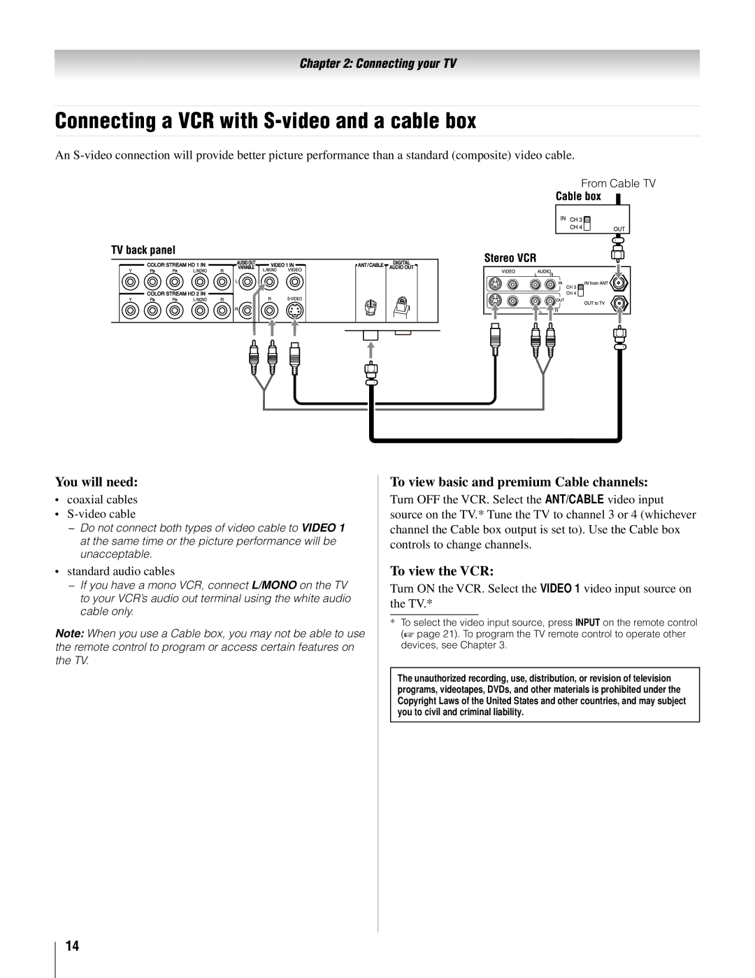 Toshiba 37AV52U, 32AV502U, 32AV50SU Connecting a VCR with S-video and a cable box, To view basic and premium Cable channels 