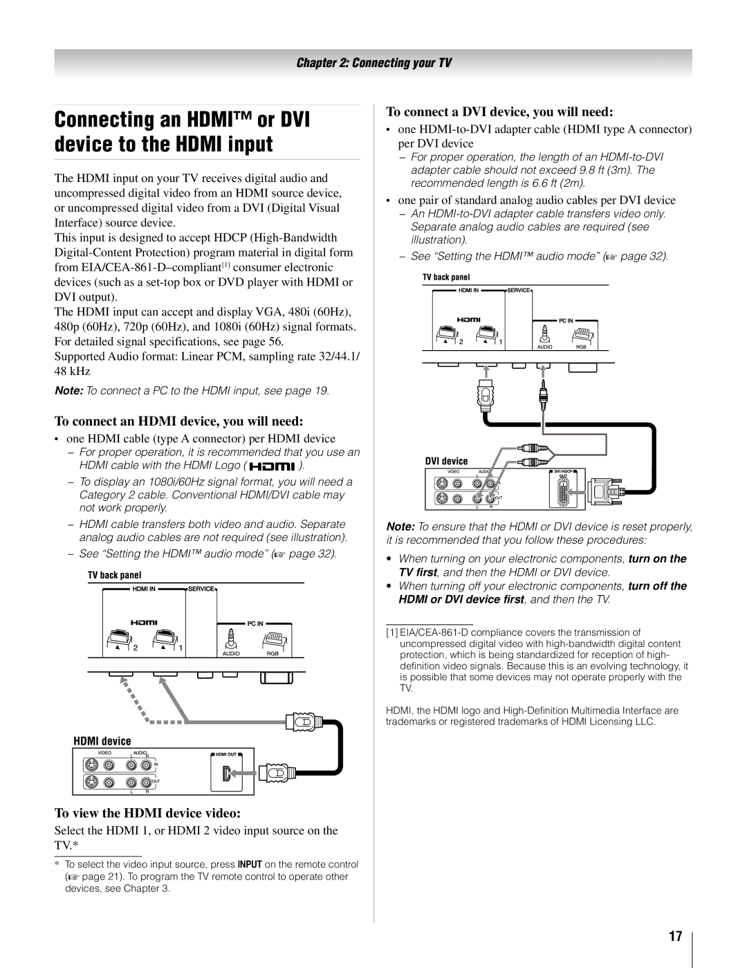 Toshiba 26AV502U, 32AV502U, 32AV50SU, 37AV52U To connect an Hdmi device, you will need, To view the Hdmi device video 