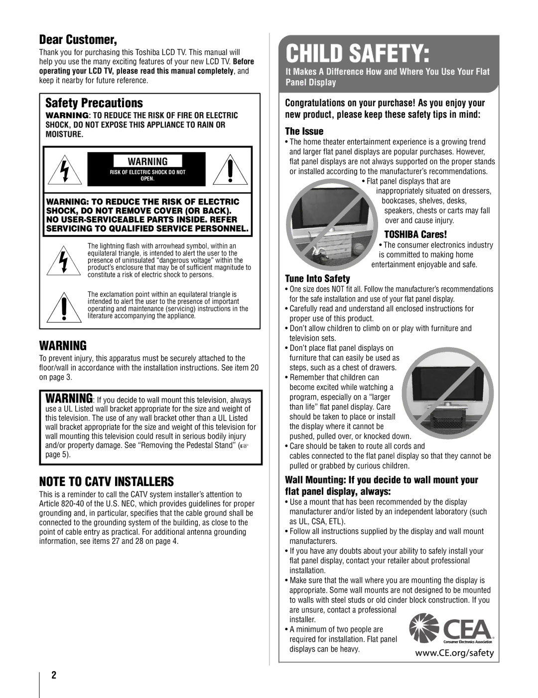 Toshiba 37AV52U, 32AV502U, 32AV50SU, 37AV502U Dear Customer, Safety Precautions, Issue, Toshiba Cares, Tune Into Safety 