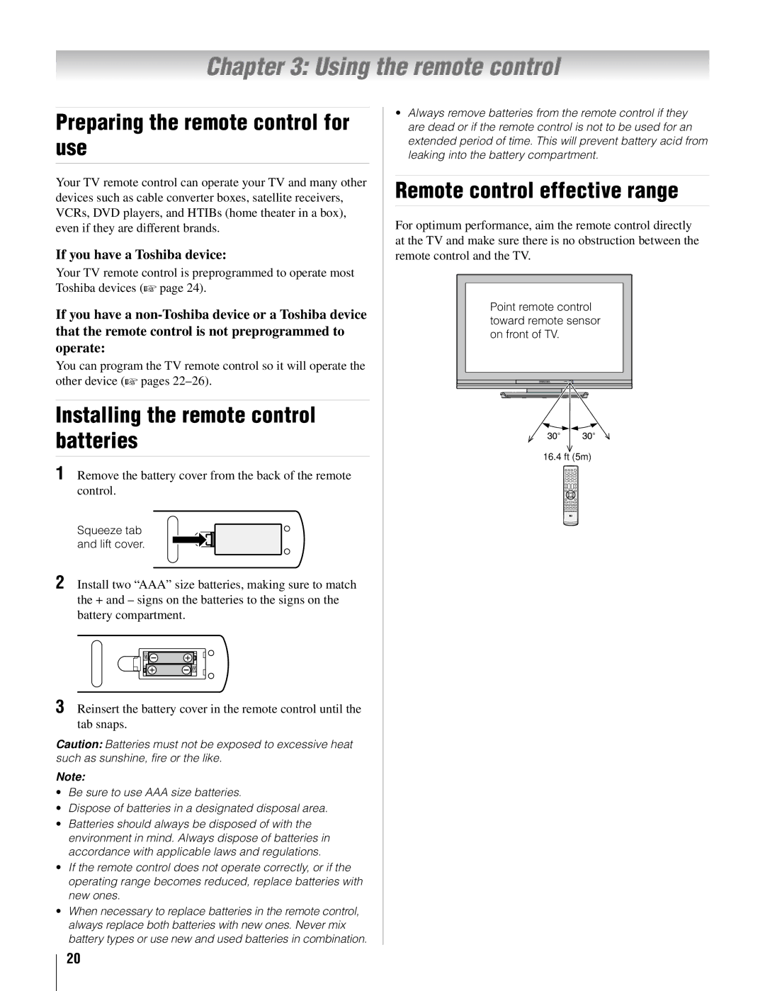 Toshiba 37AV52U Using the remote control, Preparing the remote control for use, Installing the remote control batteries 