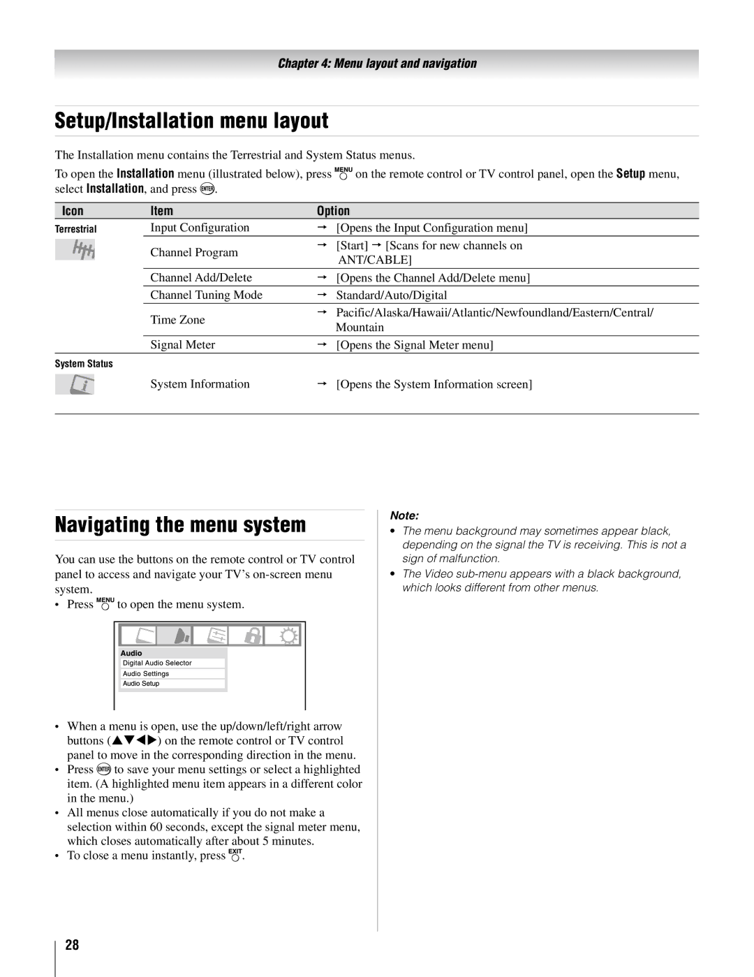 Toshiba 26AV52U, 32AV502U, 32AV50SU, 37AV52U, 37AV502U, 26AV502U Setup/Installation menu layout, Navigating the menu system 