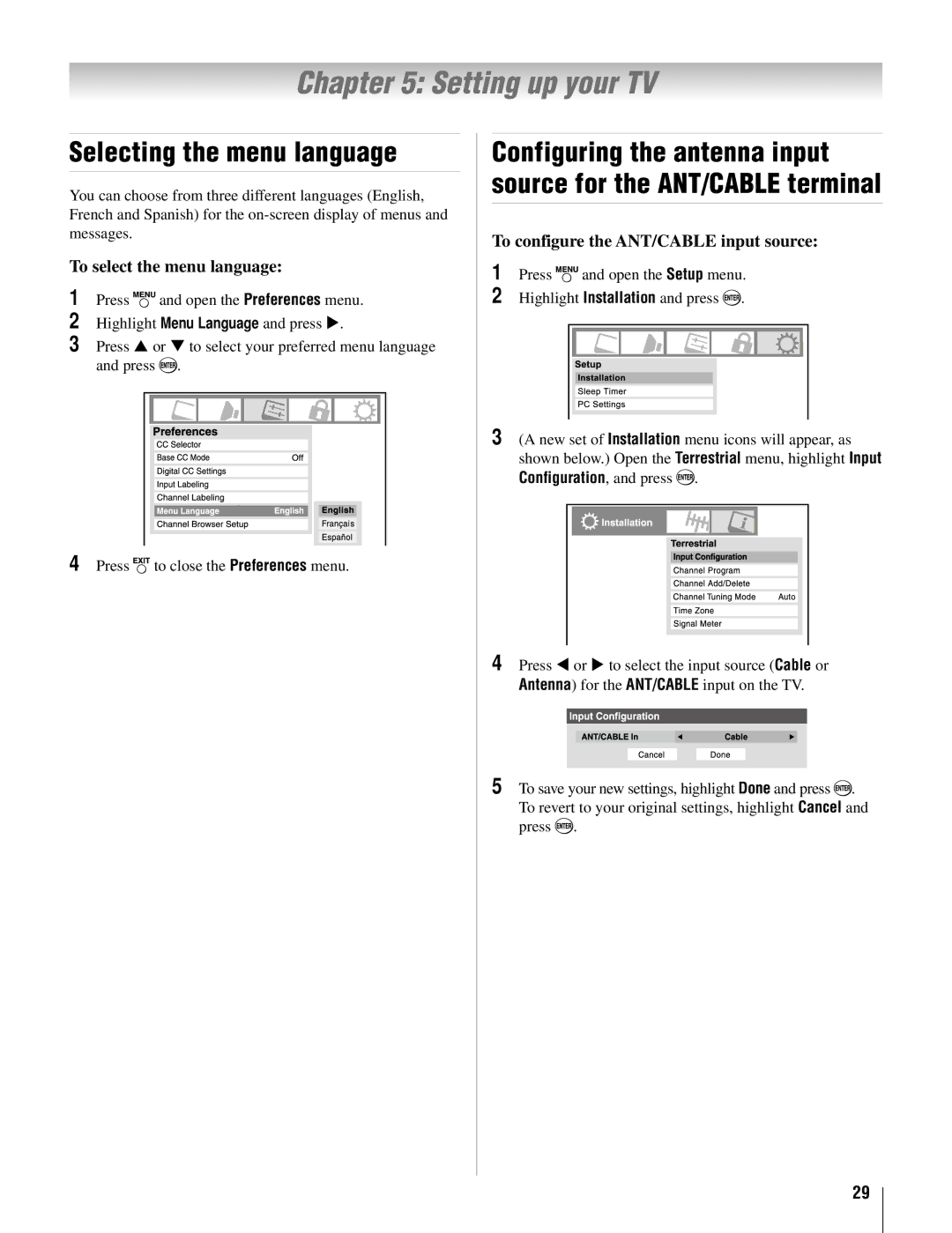 Toshiba 26AV502U, 32AV502U, 32AV50SU, 37AV52U Setting up your TV, Selecting the menu language, To select the menu language 