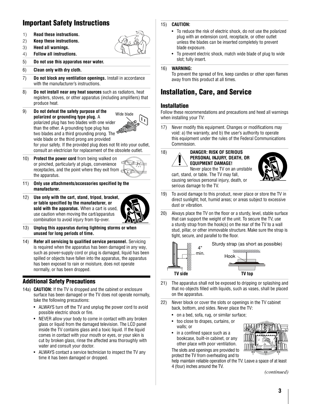 Toshiba 37AV502U, 32AV502U Important Safety Instructions, Installation, Care, and Service, Additional Safety Precautions 