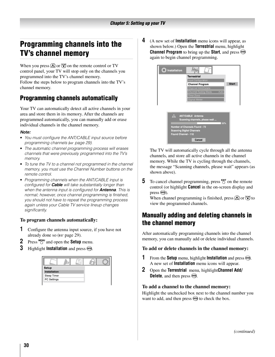 Toshiba 32AV502U, 32AV50SU, 37AV52U Programming channels into the TV’s channel memory, Programming channels automatically 