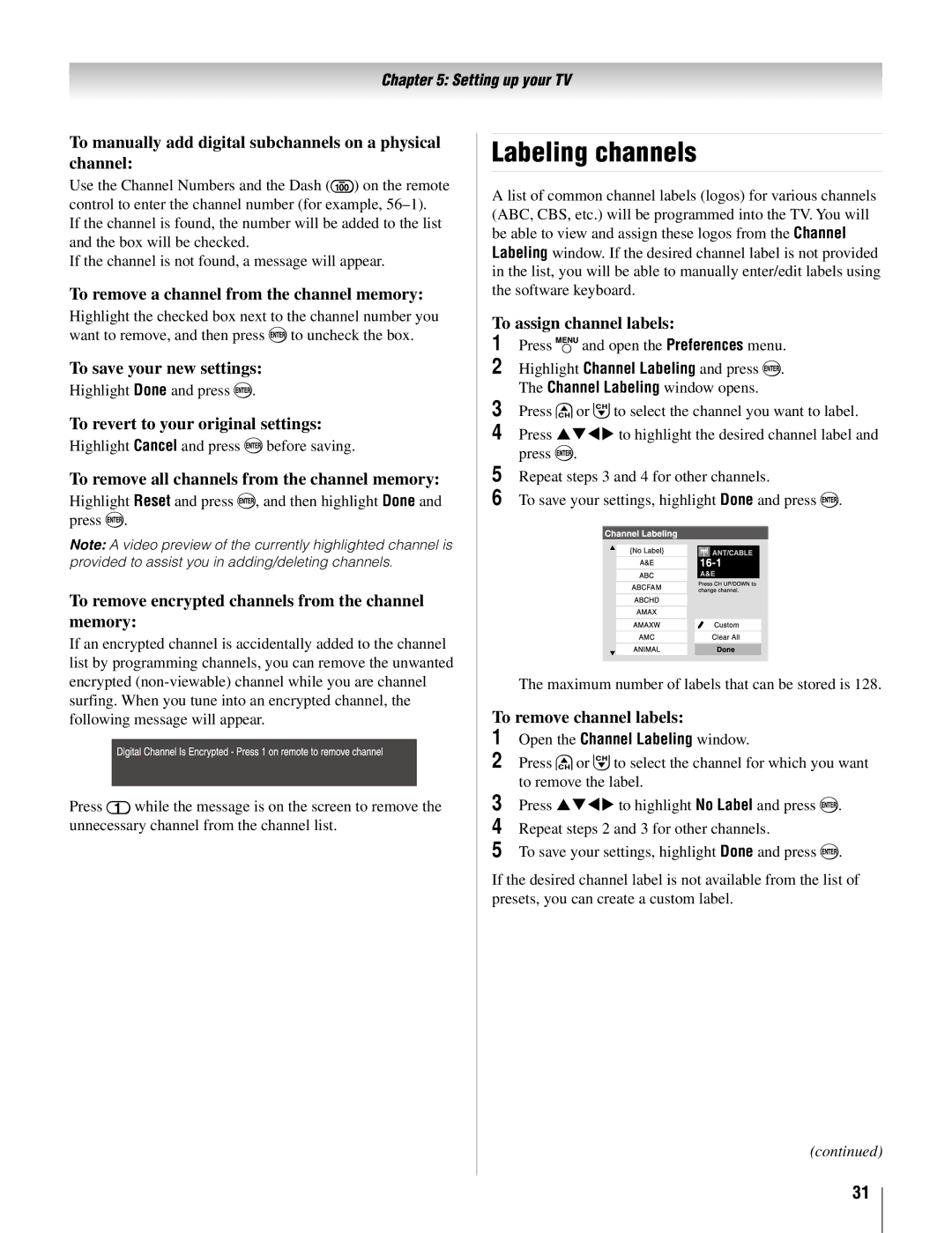 Toshiba 32AV50SU, 32AV502U, 37AV52U, 37AV502U, 26AV52U, 26AV502U owner manual Labeling channels 