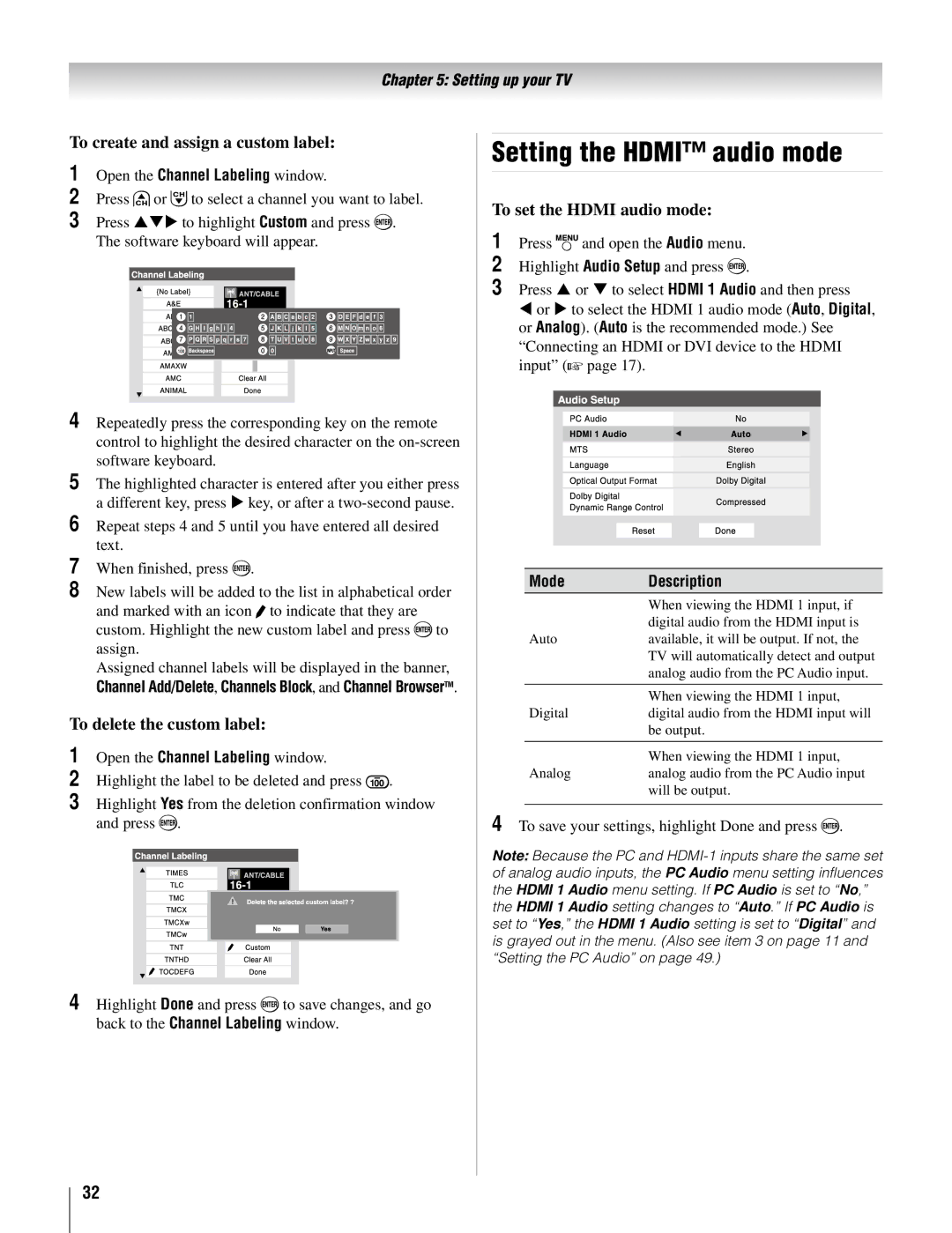 Toshiba 37AV52U, 32AV502U Setting the Hdmi audio mode, To create and assign a custom label, To delete the custom label 