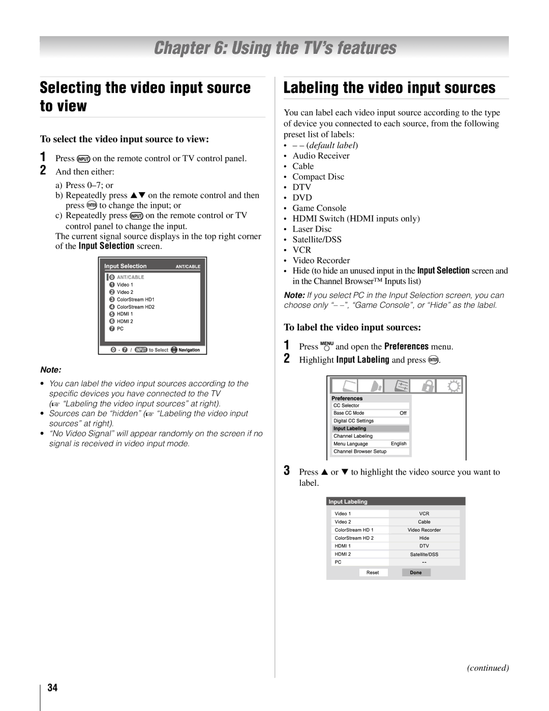 Toshiba 26AV52U Using the TV’s features, Selecting the video input source to view, Labeling the video input sources 