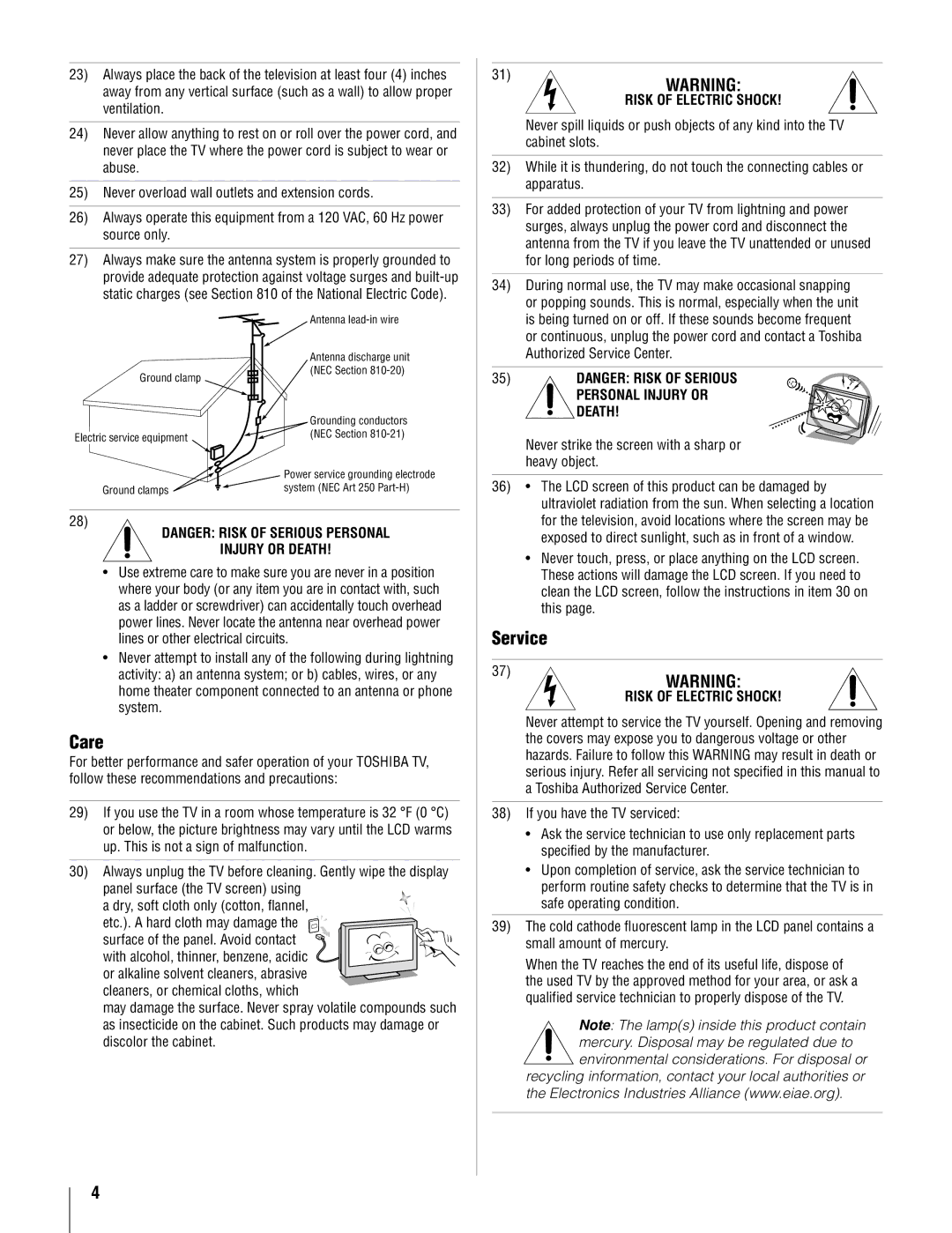 Toshiba 26AV52U, 32AV502U, 32AV50SU, 37AV52U, 37AV502U, 26AV502U owner manual Care, Service 