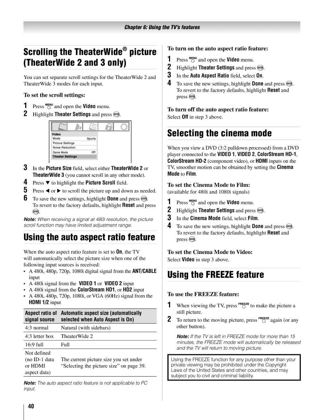 Toshiba 26AV52U, 32AV502U, 37AV52U Selecting the cinema mode, Using the Freeze feature, Using the auto aspect ratio feature 