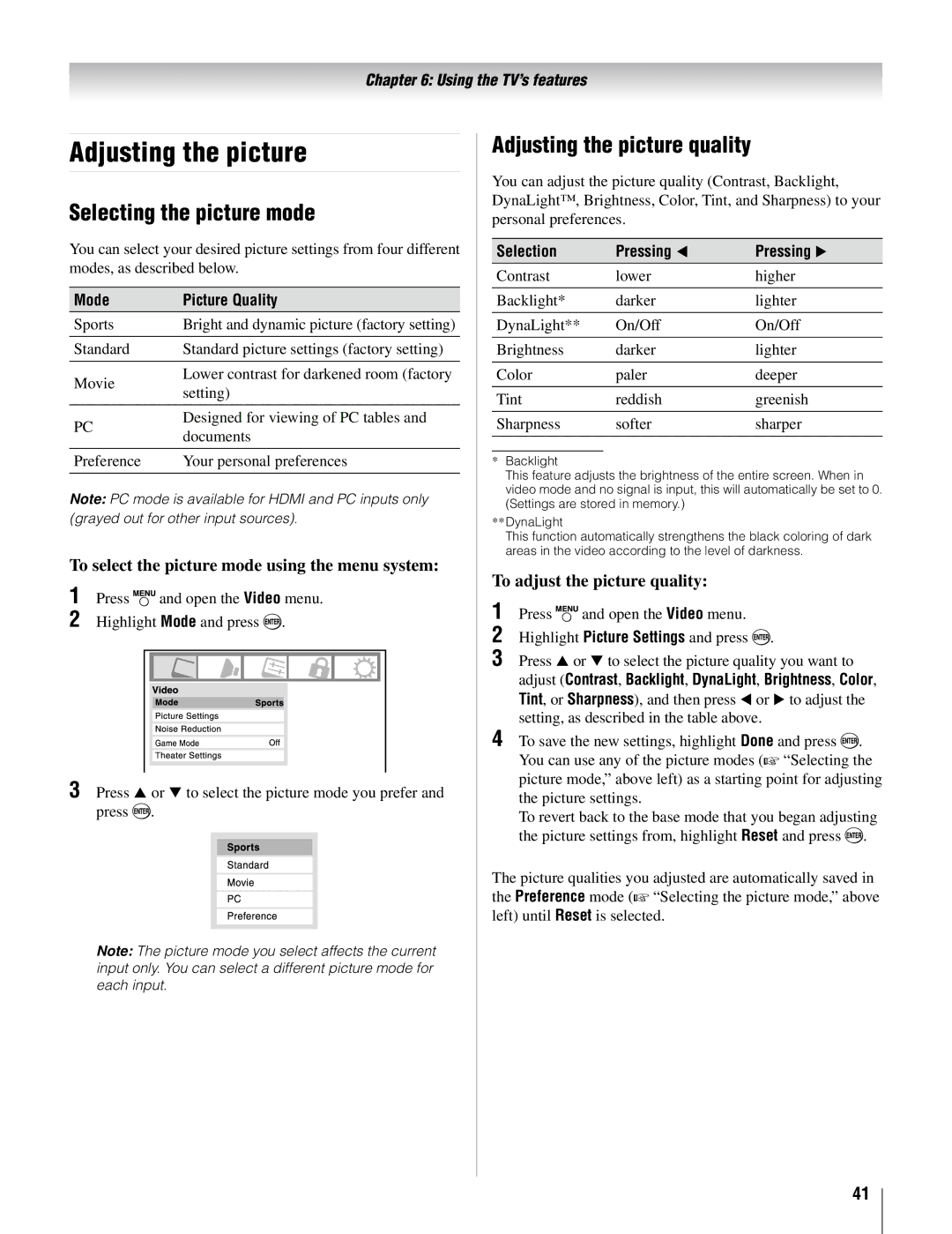 Toshiba 26AV502U, 32AV502U Selecting the picture mode, Adjusting the picture quality, To adjust the picture quality 