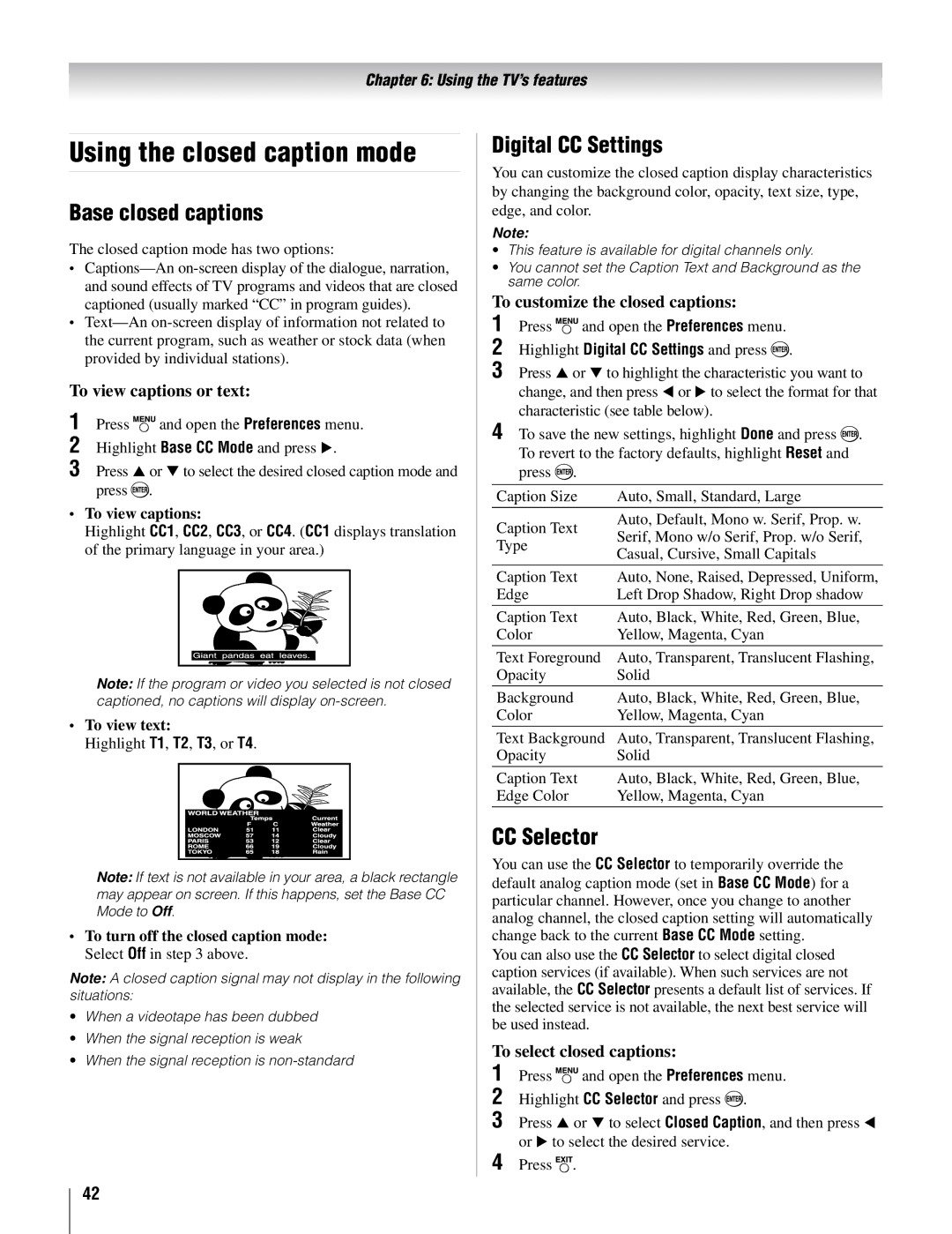 Toshiba 32AV502U, 32AV50SU, 37AV52U Using the closed caption mode, Base closed captions, Digital CC Settings, CC Selector 