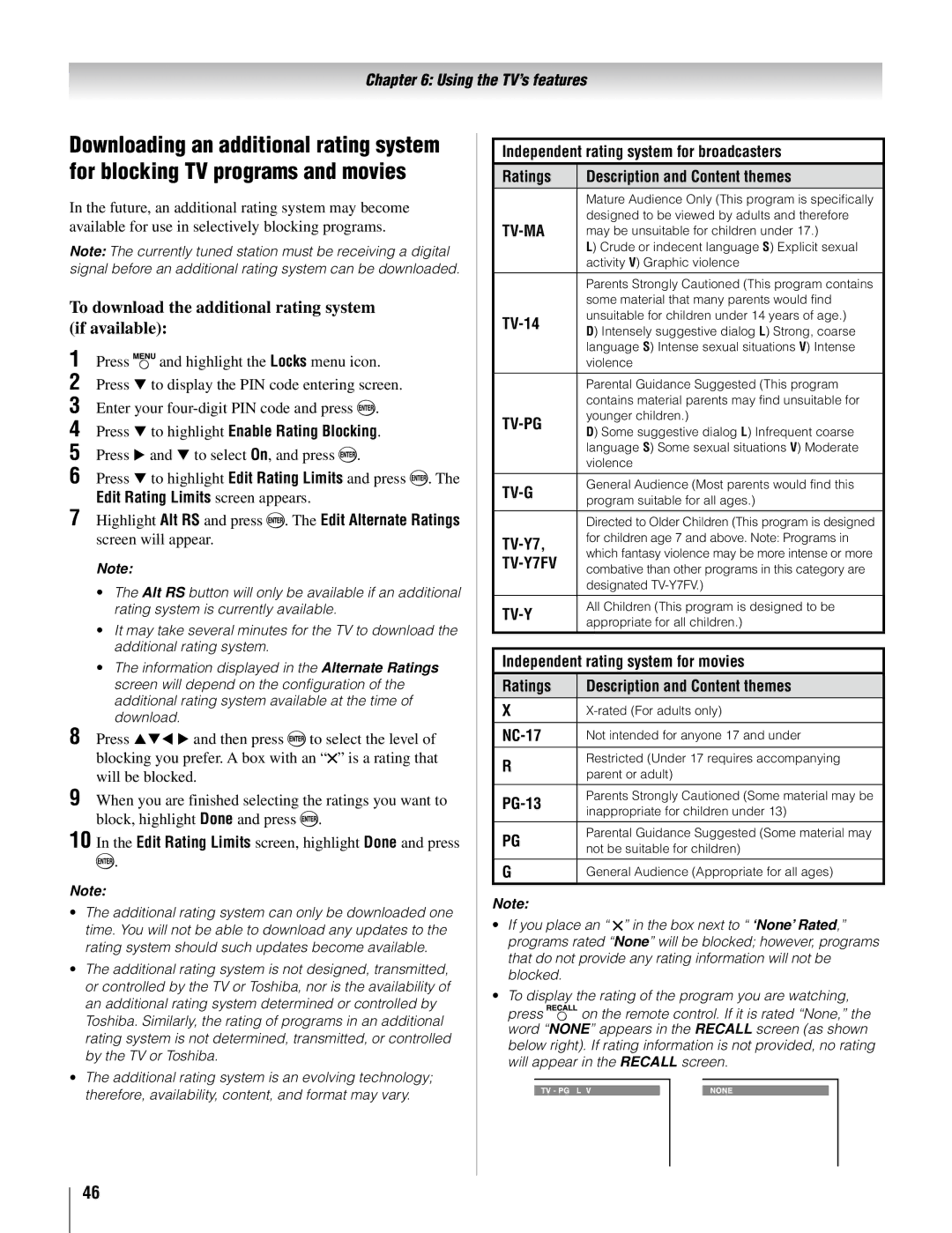 Toshiba 26AV52U, 32AV502U, 32AV50SU, 37AV52U, 37AV502U, 26AV502U To download the additional rating system if available 