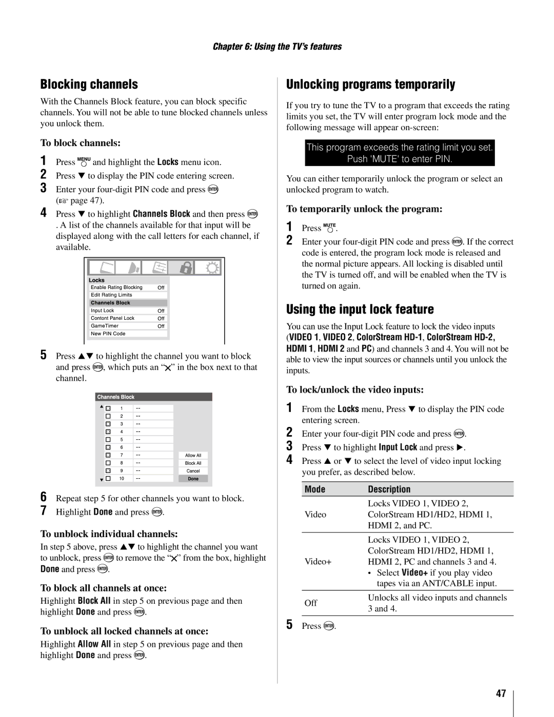 Toshiba 26AV502U, 32AV502U, 32AV50SU Blocking channels, Unlocking programs temporarily, Using the input lock feature 