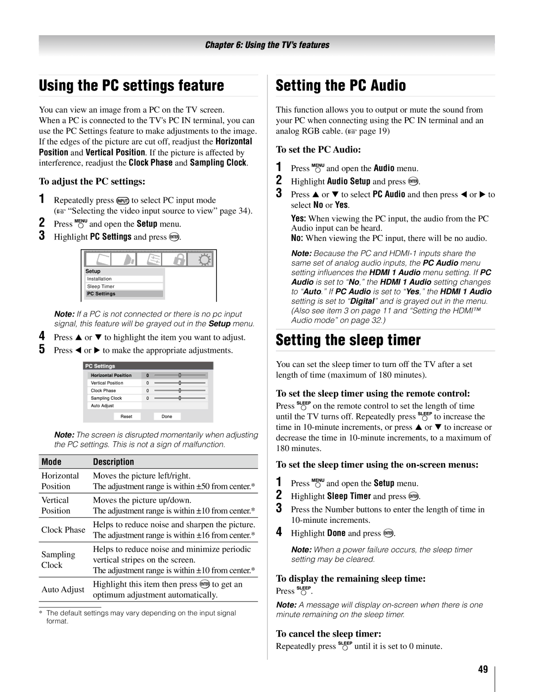 Toshiba 32AV50SU, 32AV502U, 37AV52U, 37AV502U Using the PC settings feature, Setting the PC Audio, Setting the sleep timer 