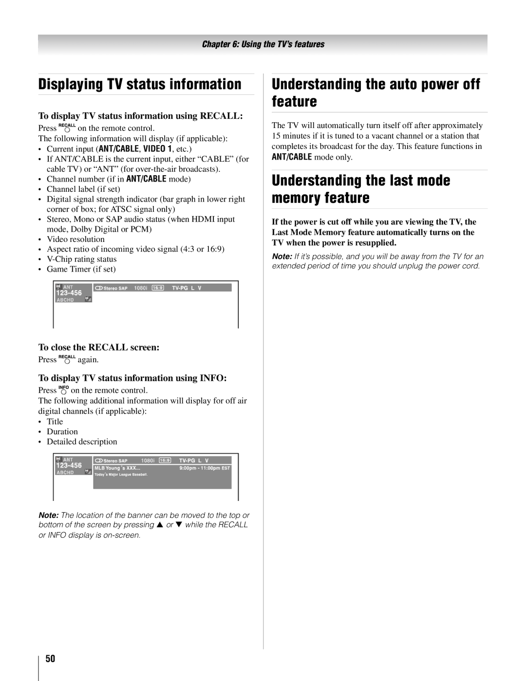 Toshiba 37AV52U, 32AV502U, 32AV50SU Understanding the auto power off feature, Understanding the last mode memory feature 