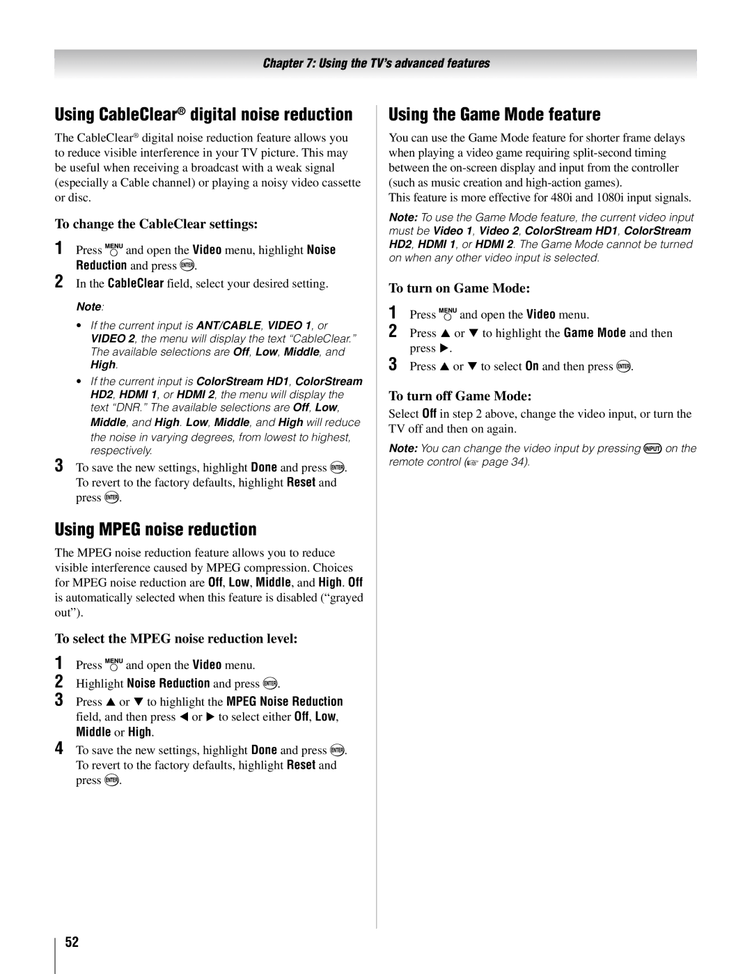 Toshiba 26AV52U, 32AV502U, 32AV50SU, 37AV52U, 37AV502U, 26AV502U Using Mpeg noise reduction, Using the Game Mode feature 