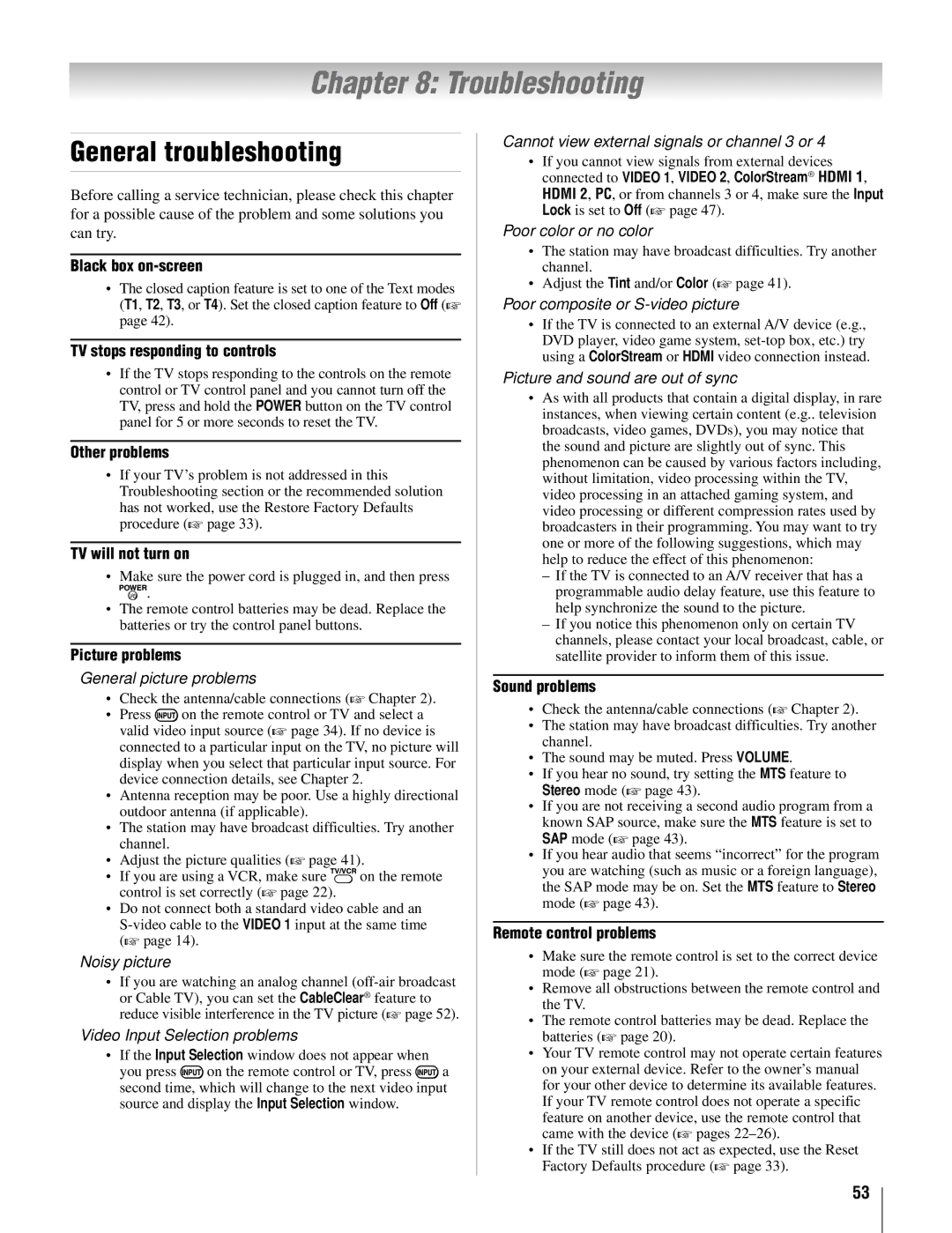 Toshiba 26AV502U, 32AV502U, 32AV50SU, 37AV52U, 37AV502U, 26AV52U owner manual Troubleshooting, General troubleshooting 