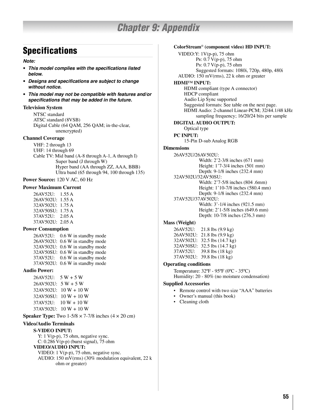 Toshiba 32AV50SU, 32AV502U, 37AV52U, 37AV502U, 26AV52U, 26AV502U owner manual Appendix, Specifications 