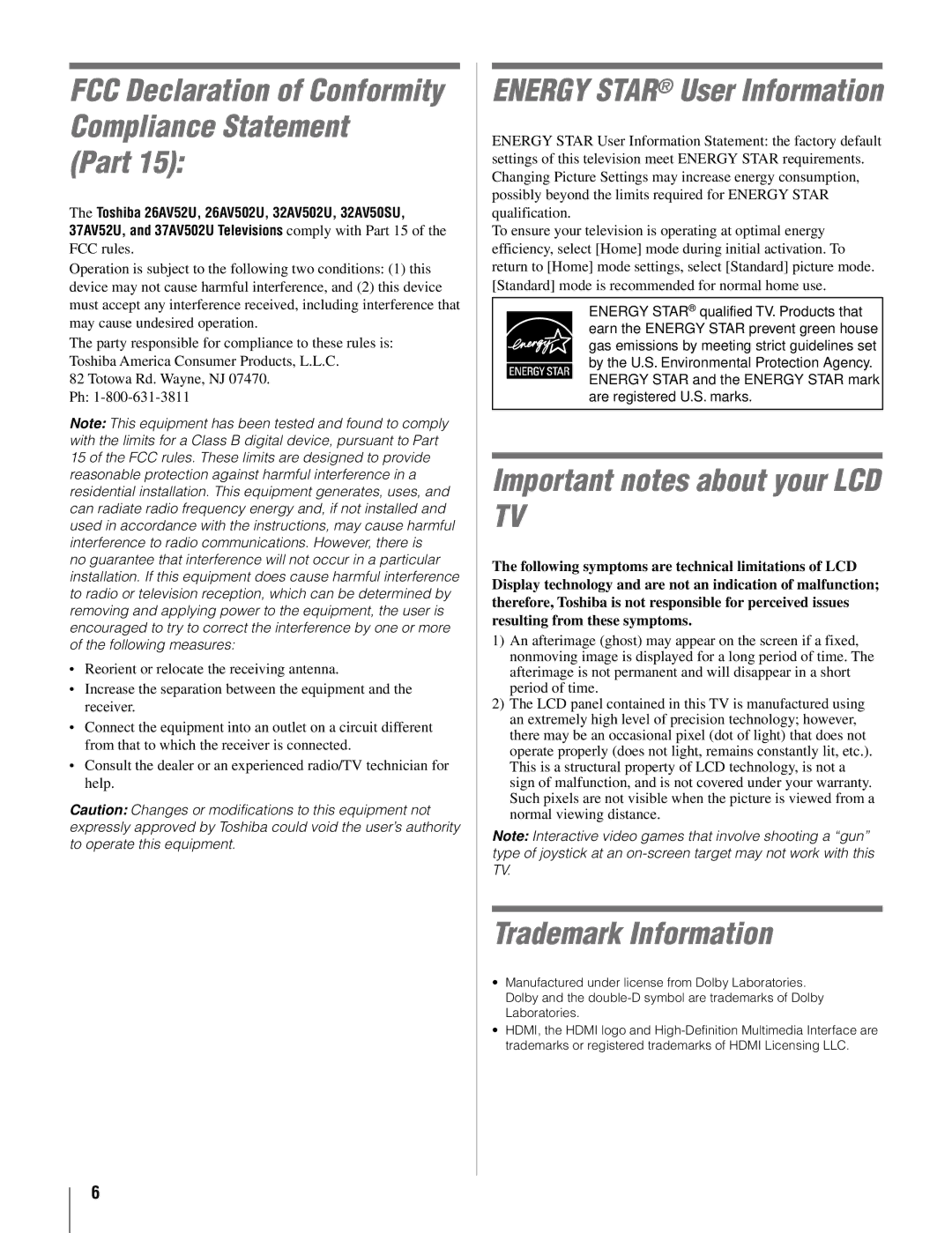 Toshiba 32AV502U, 32AV50SU, 37AV52U, 37AV502U, 26AV52U Part, Important notes about your LCD TV, Trademark Information 