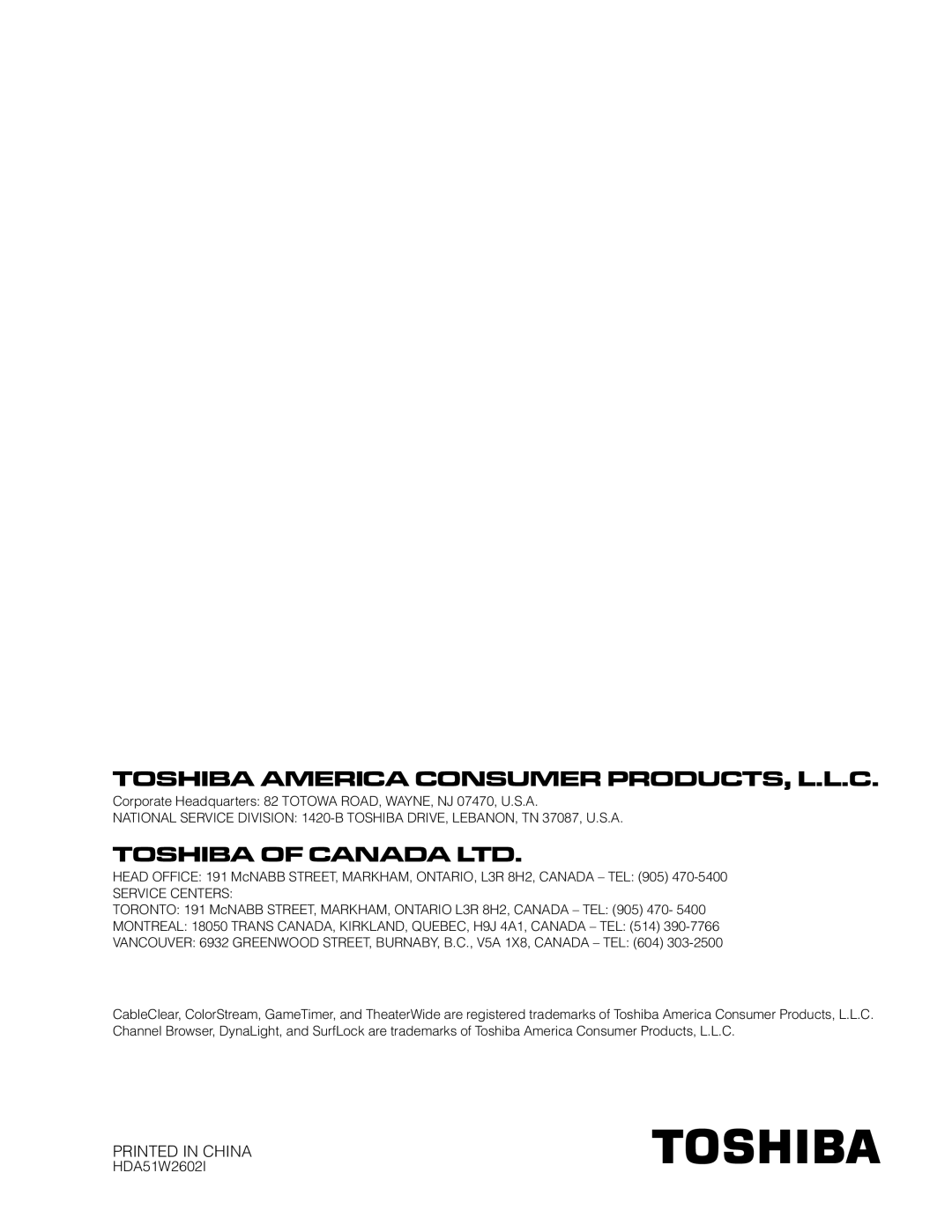 Toshiba 37AV52U, 32AV502U, 32AV50SU, 37AV502U, 26AV52U, 26AV502U owner manual Toshiba America Consumer PRODUCTS, L.L.C 