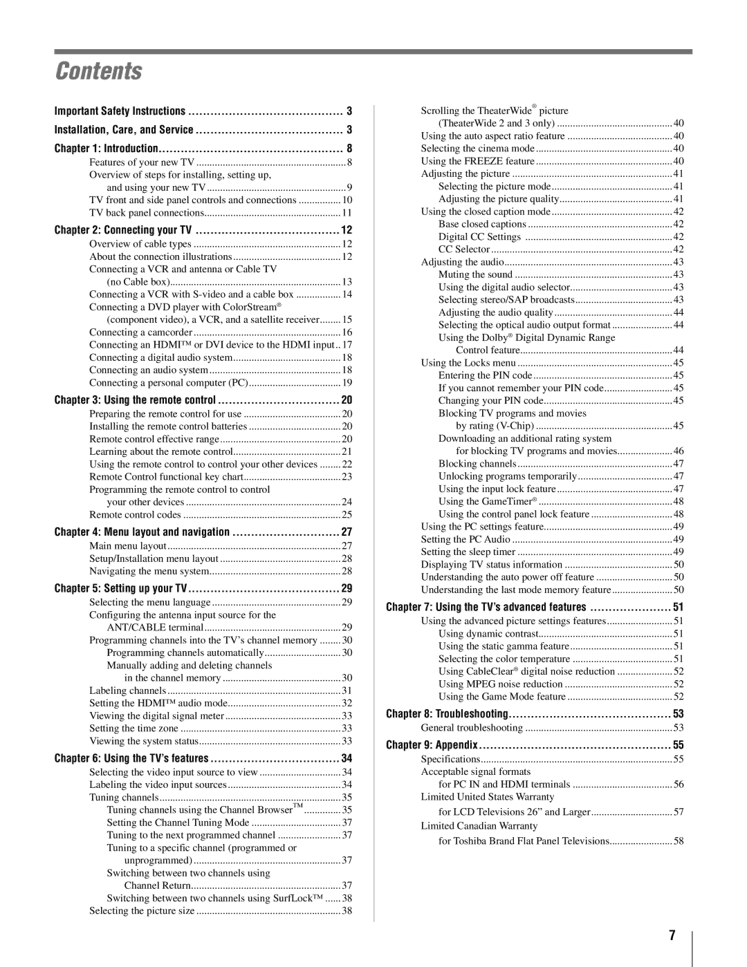 Toshiba 32AV50SU, 32AV502U, 37AV52U, 37AV502U, 26AV52U, 26AV502U owner manual Contents 