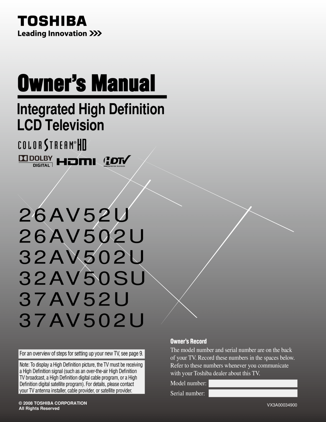 Toshiba 32AV50SU owner manual For an overview of steps for setting up your new TV, see page, Owner’s Manual, VX3A00034900 