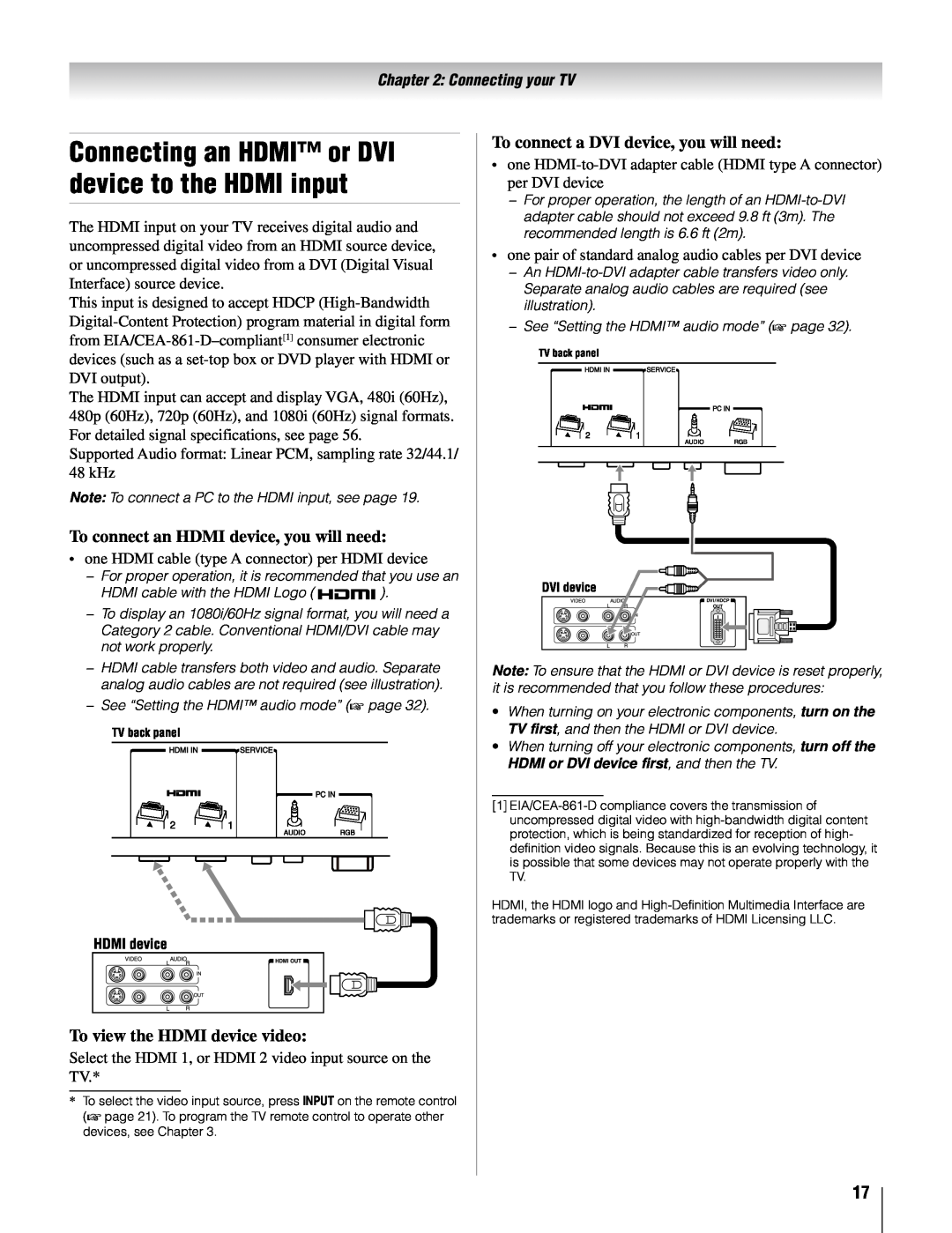 Toshiba 26AV502U, 32AV502U Connecting an HDMI or DVI device to the HDMI input, To connect an HDMI device, you will need 
