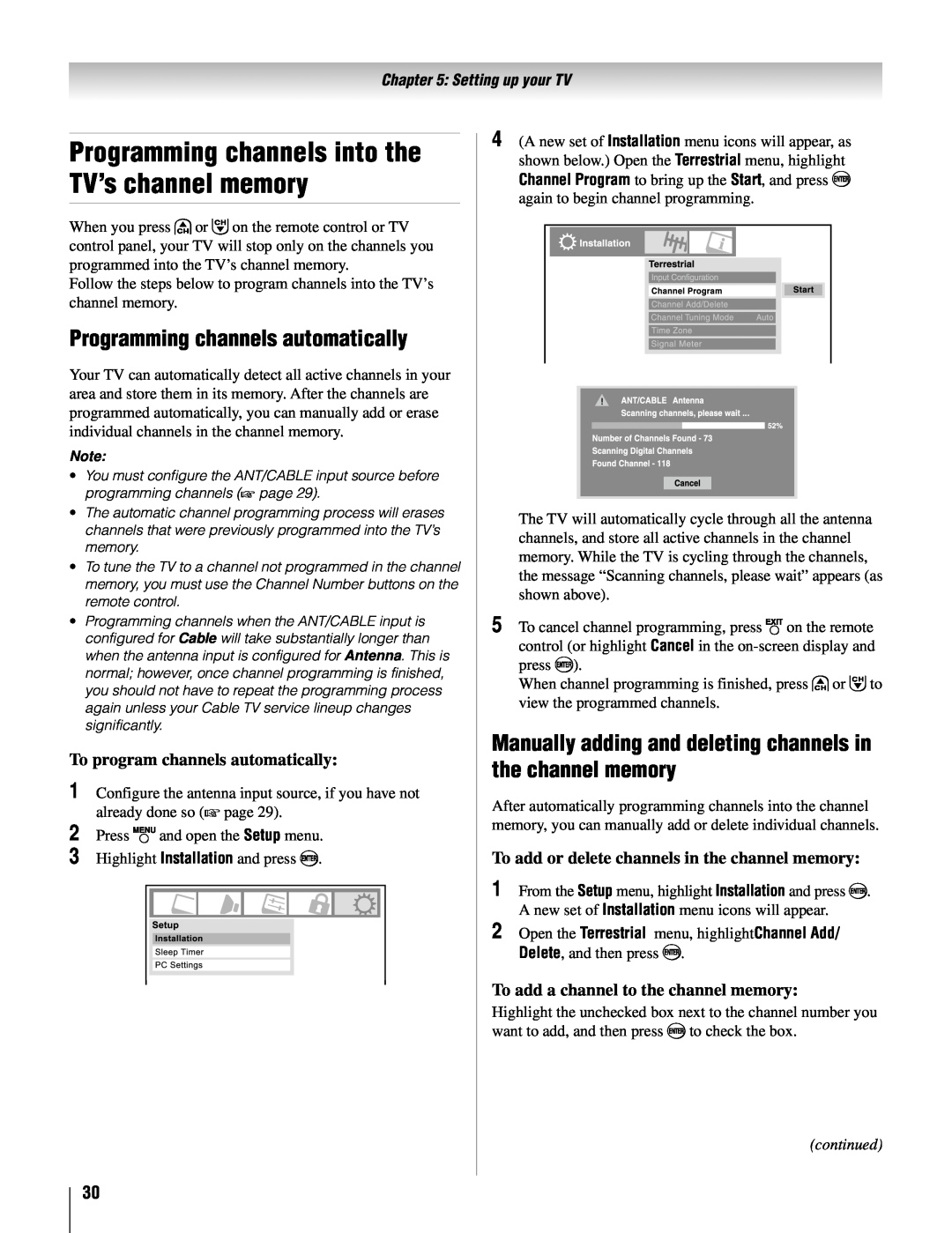 Toshiba 32AV502U Programming channels into the TV’s channel memory, Programming channels automatically, Setting up your TV 