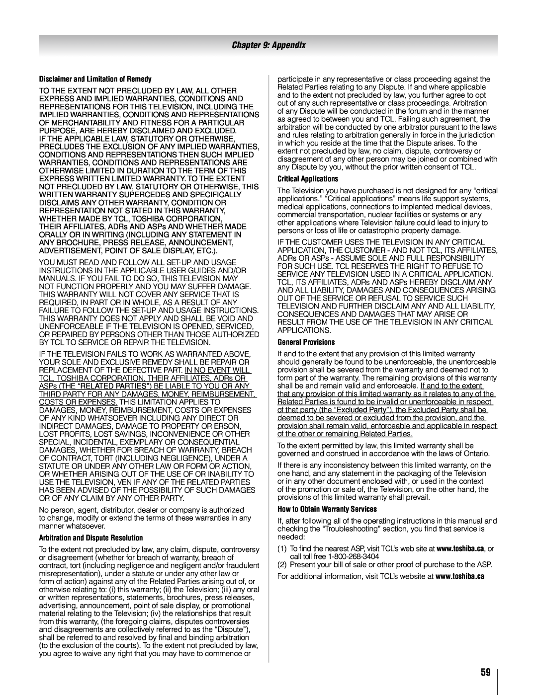 Toshiba 26AV502U Appendix, Disclaimer and Limitation of Remedy, Arbitration and Dispute Resolution, Critical Applications 
