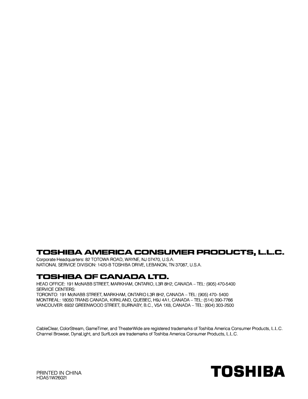 Toshiba 37AV52U, 32AV502U, 32AV50SU, 37AV502U Printed In China, Toshiba America Consumer Products, L.L.C, HDA51W2602I 
