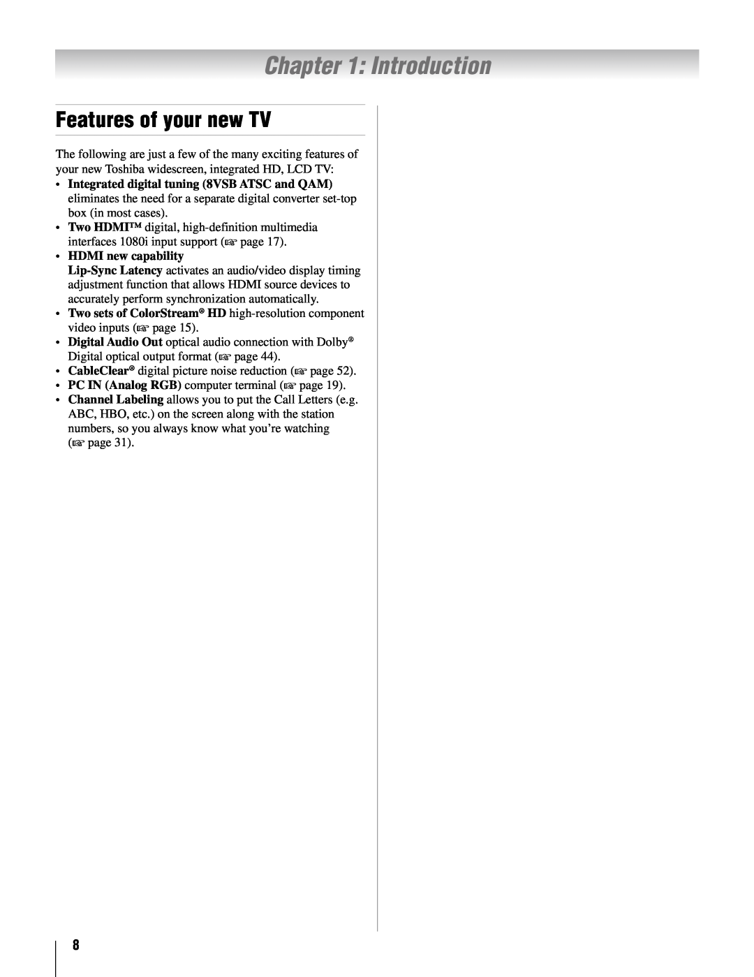 Toshiba 37AV52U, 32AV502U, 32AV50SU, 37AV502U, 26AV52U, 26AV502U owner manual Introduction, Features of your new TV 