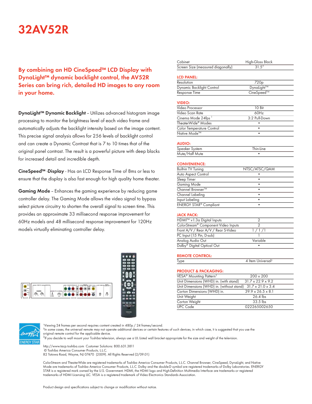 Toshiba 32AV52R manual LCD Panel, Video, Audio, Convenience, Jack Pack, Remote Control, Product & Packaging 