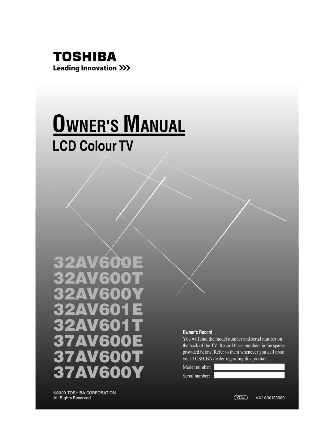 Toshiba 32AV600E owner manual LCD Colour TV 