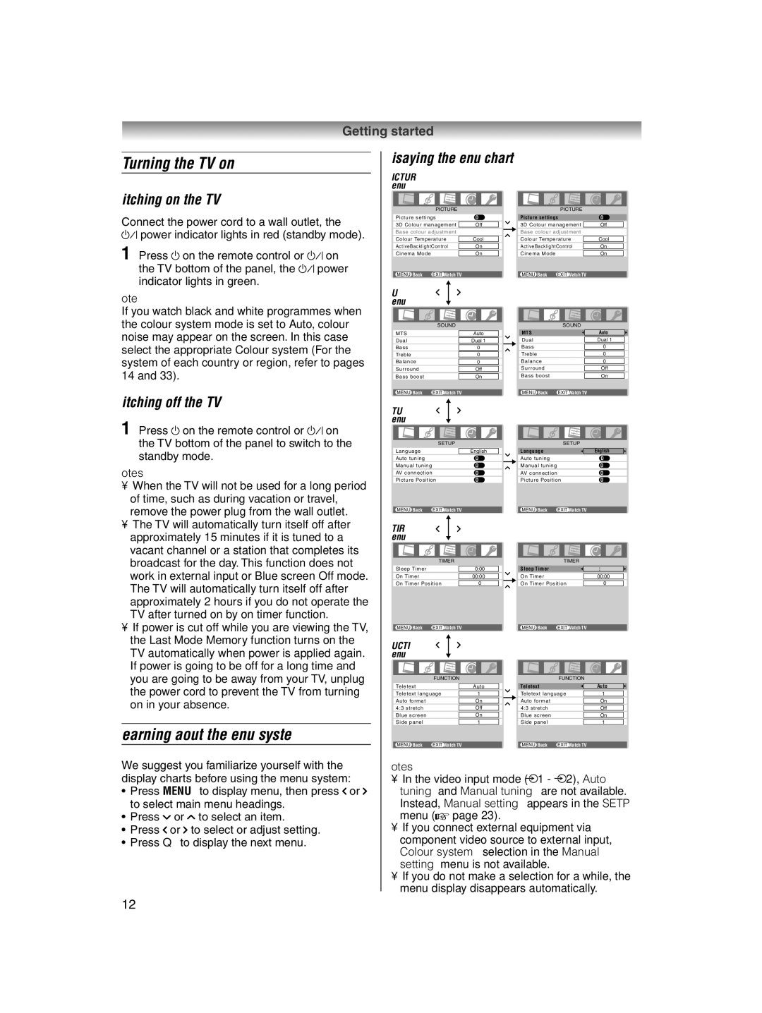 Toshiba 32AV600E Turning the TV on, Learning about the menu system, Switching on the TV, Displaying the menu chart 