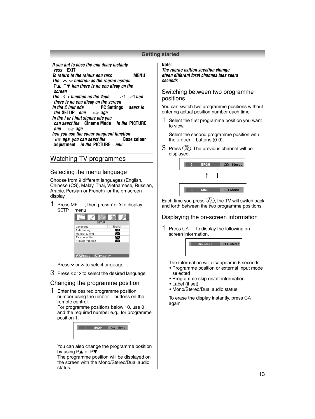 Toshiba 32AV600E owner manual Watching TV programmes, Selecting the menu language, Changing the programme position 