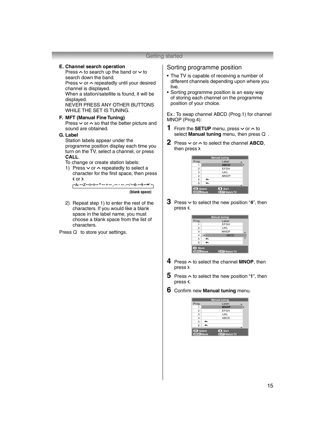 Toshiba 32AV600E owner manual Sorting programme position, Channel search operation, MFT Manual Fine Tuning, Label 