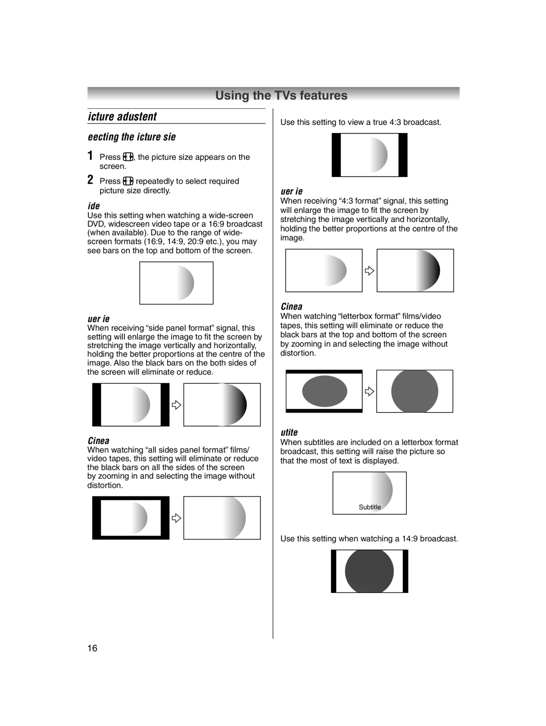 Toshiba 32AV600E owner manual Picture adjustment, Selecting the picture size 