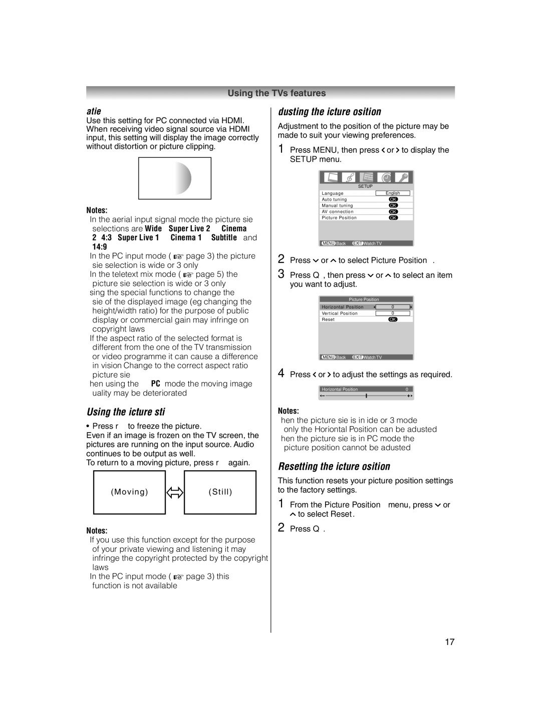 Toshiba 32AV600E Using the picture still, Adjusting the picture position, Resetting the picture position, Native 